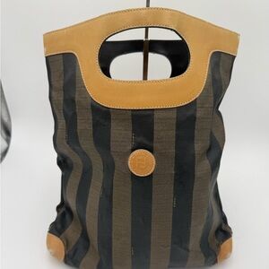 Fendi Pequin Porthole Vintage Tote Bag with Tan Leather Trim